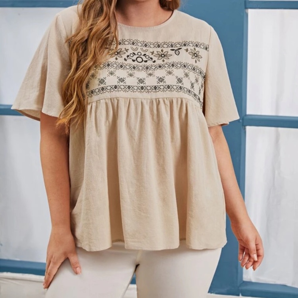 SHEIN flutter sleeve embroidered peplum top